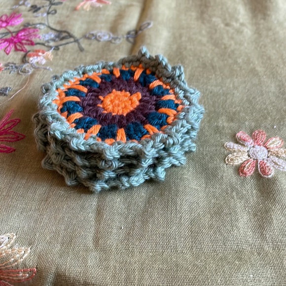 Hand crocheted Mandala coasters in sage green, orange, dark teal and brown. - Picture 6 of 6